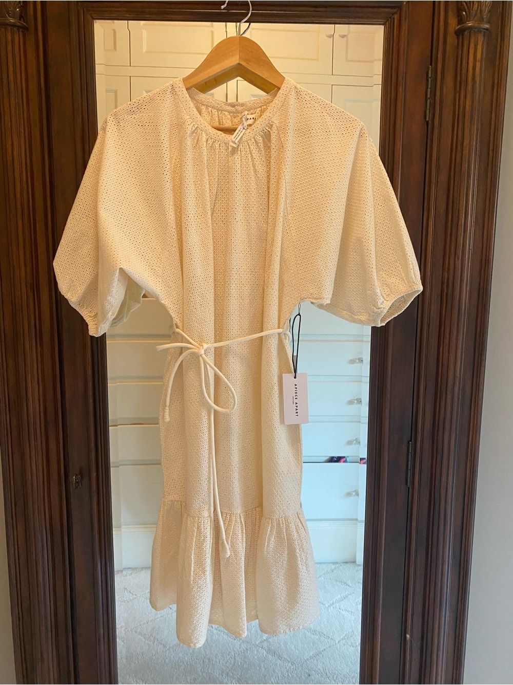 Apiece Apart Cream Puff-Sleeve Dress with Waist Tie, Size 6